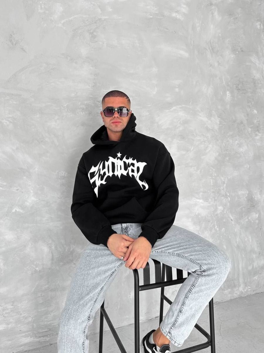 Erkek 3 İplik Pamuklu Kapüşonlu Baskılı Cepli Oversize Sweatshirt Hoodie - Siyah
