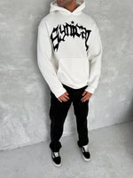 Erkek 3 İplik Pamuklu Kapüşonlu Baskılı Cepli Oversize Sweatshirt Hoodie - Beyaz