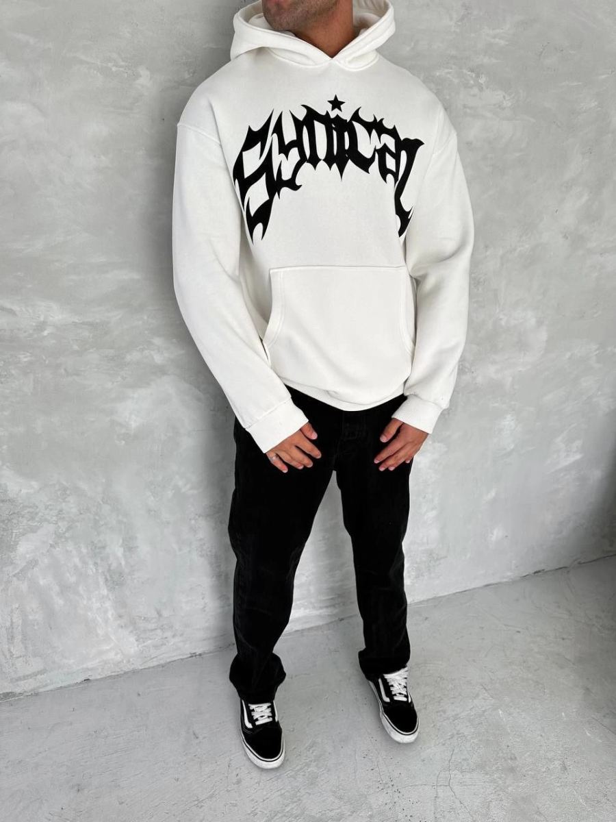 Erkek 3 İplik Pamuklu Kapüşonlu Baskılı Cepli Oversize Sweatshirt Hoodie - Beyaz