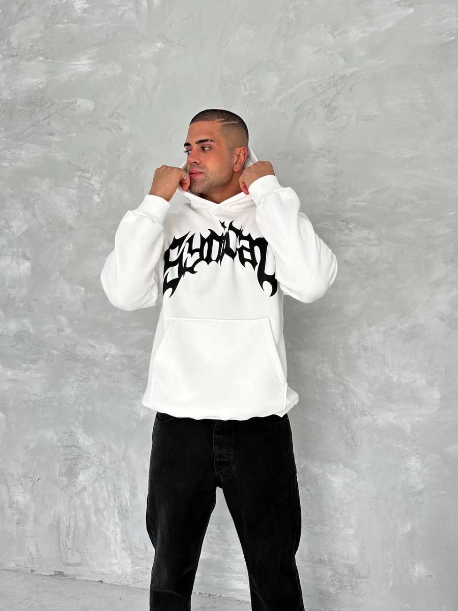 Erkek 3 İplik Pamuklu Kapüşonlu Baskılı Cepli Oversize Sweatshirt Hoodie - Beyaz