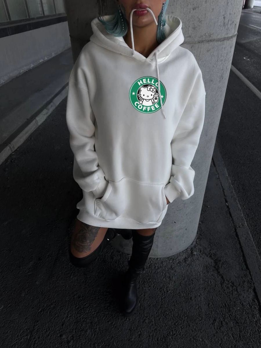 Kadın Oversize Kapüşonlu Kanguru Cepli Baskılı 3 İplik Pamuklu Sweatshirt Hoodie -   Beyaz
