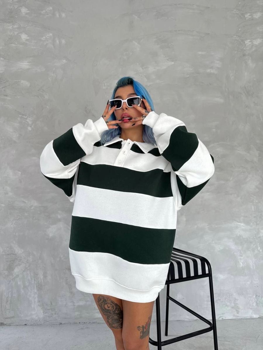 Kadın 3 iplik Pamuklu Parçalı Yakalı SweatShirt - Yeşil