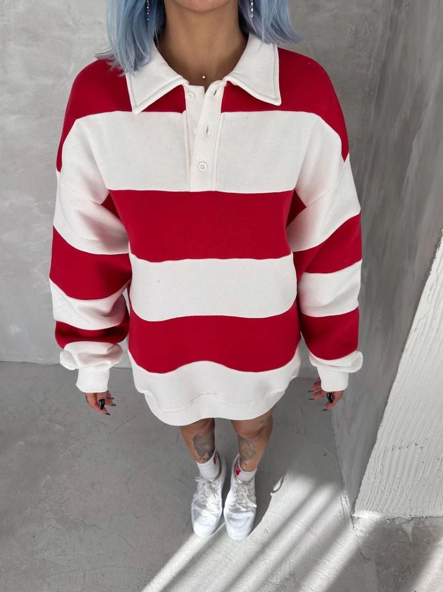 Kadın 3 İplik Pamuklu Parçalı Yakalı SweatShirt - Kırmızı