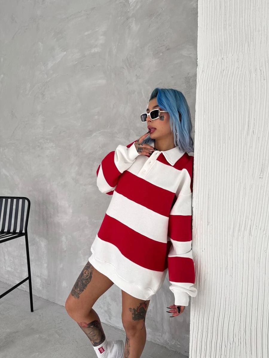 Kadın 3 İplik Pamuklu Parçalı Yakalı SweatShirt - Kırmızı