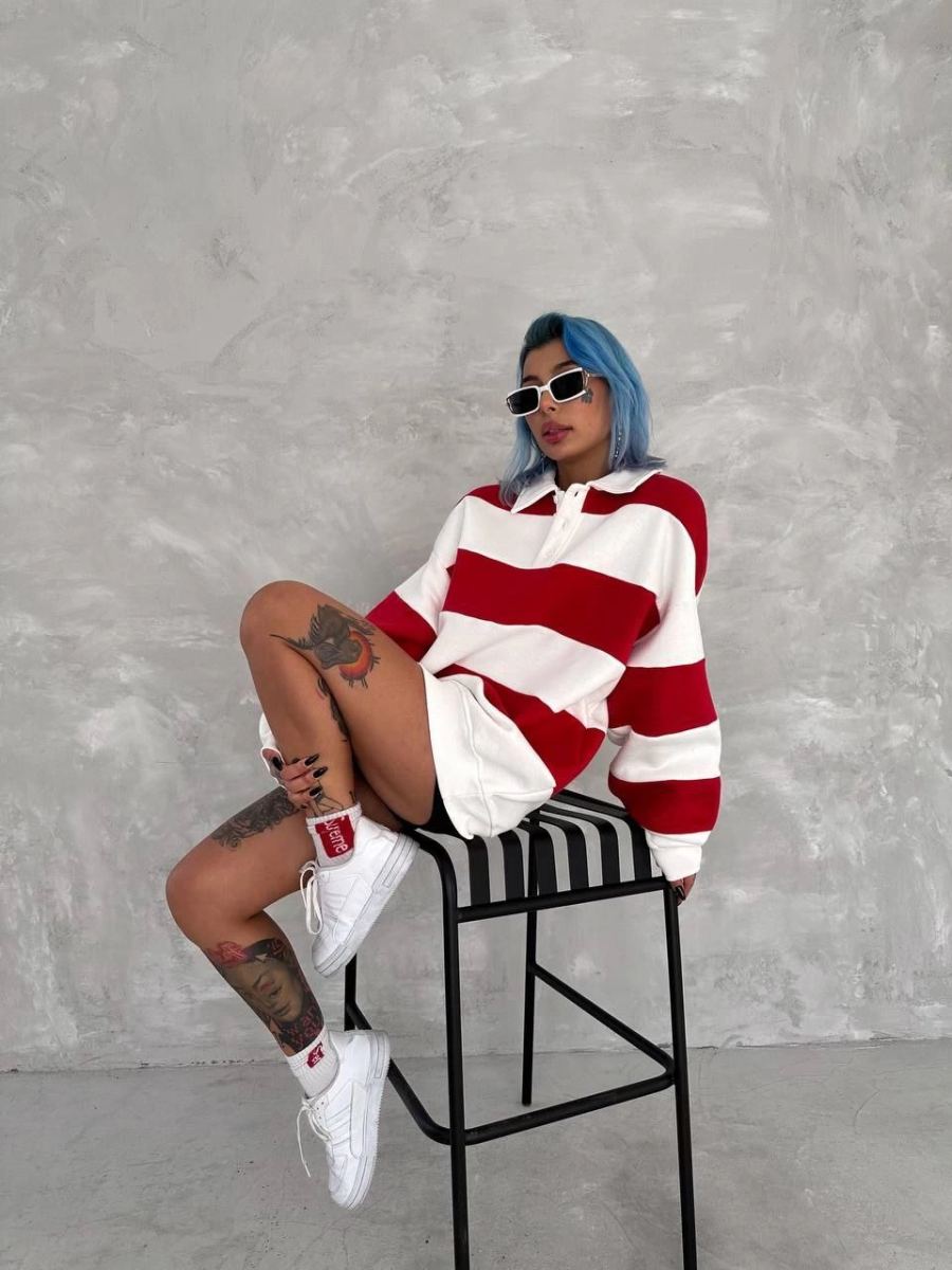 Kadın 3 İplik Pamuklu Parçalı Yakalı SweatShirt - Kırmızı