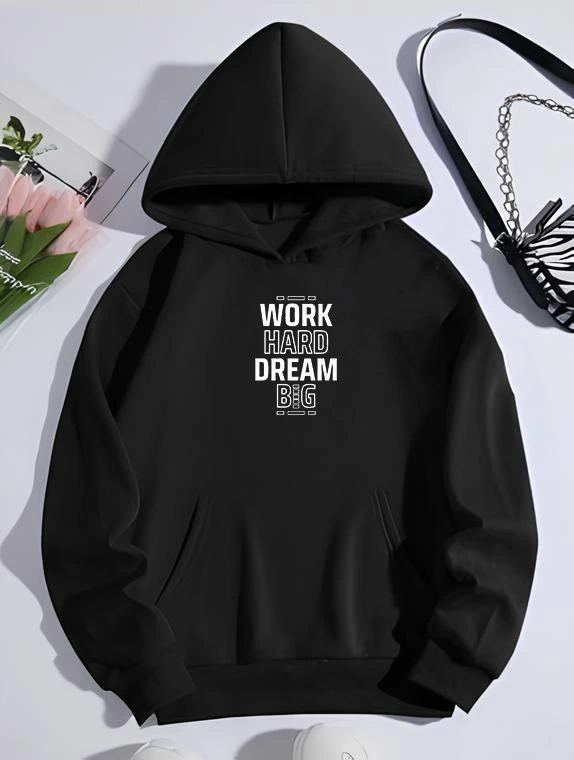 Kadın Oversize Kapüşonlu Cepli Baskılı 3 İplik Pamuklu Hoodie Sweatshirt - Siyah
