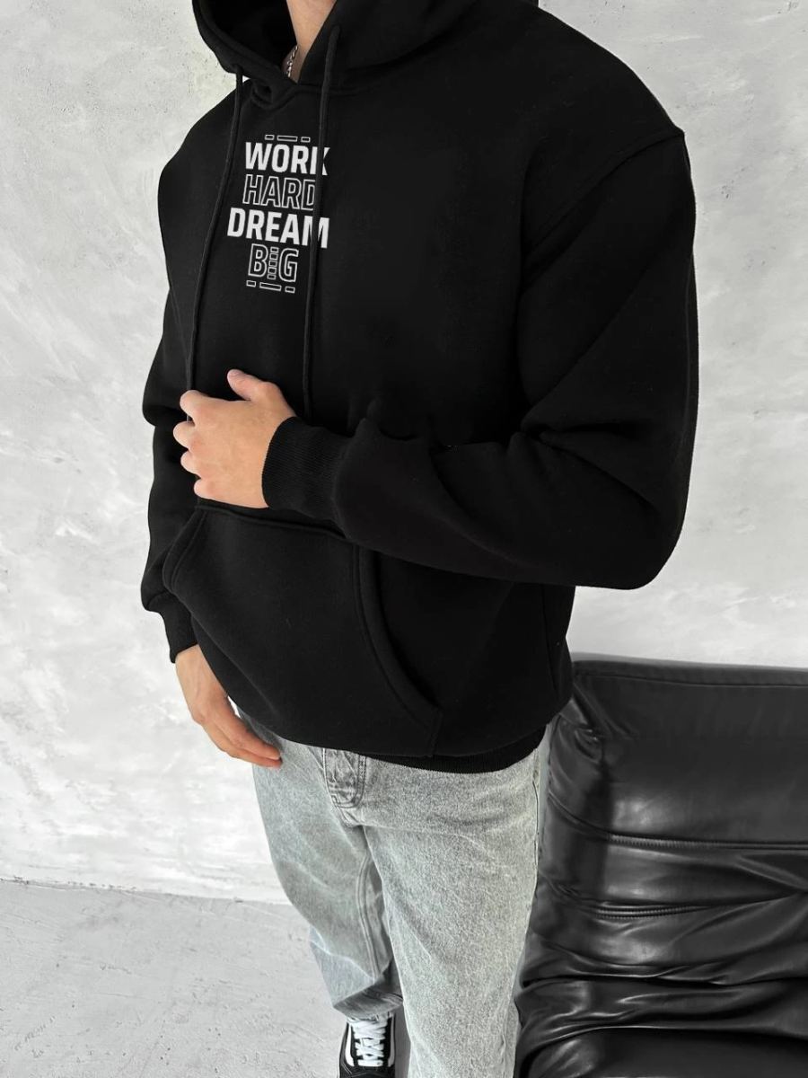 Erkek Kapüşonlu Kanguru Cepli Sweatshirt 3 İplik Pamuklu Baskılı Hoodie - Siyah