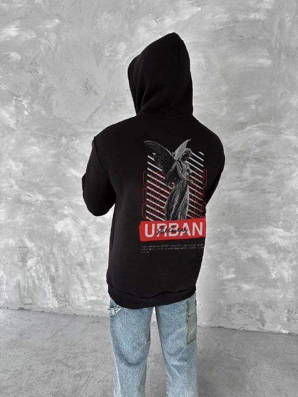Erkek Kapüşonlu Kanguru Cepli Sweatshirt 3 İplik Pamuklu Baskılı Hoodie - Siyah