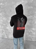 Erkek Kapüşonlu Kanguru Cepli Sweatshirt 3 İplik Pamuklu Baskılı Hoodie - Siyah