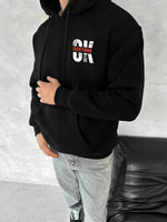 Erkek Kapüşonlu Kanguru Cepli Sweatshirt 3 İplik Pamuklu Baskılı Hoodie - Siyah