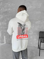 Erkek Kapüşonlu Kanguru Cepli Sweatshirt 3 İplik Pamuklu Baskılı Hoodie - Beyaz