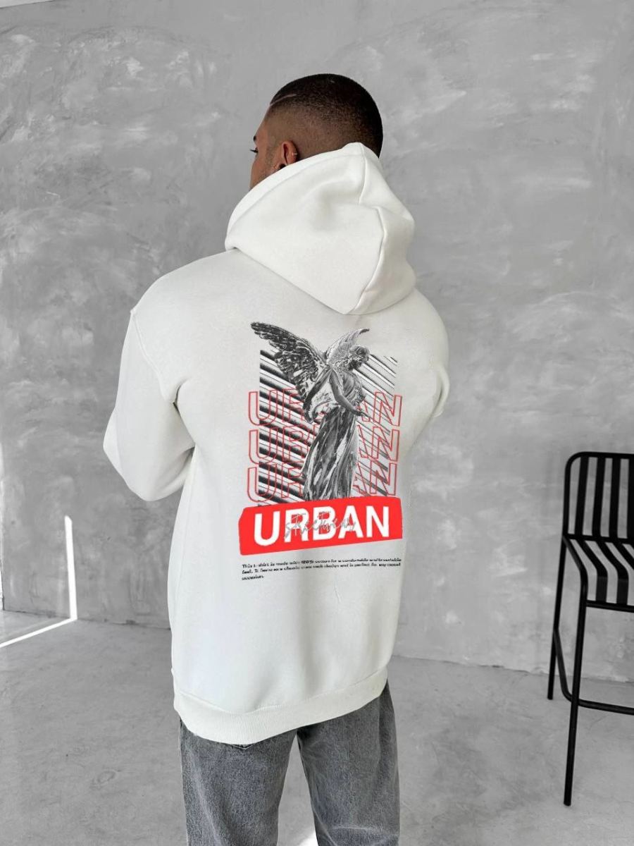 Erkek Kapüşonlu Kanguru Cepli Sweatshirt 3 İplik Pamuklu Baskılı Hoodie - Beyaz