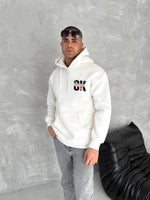 Erkek Kapüşonlu Kanguru Cepli Sweatshirt 3 İplik Pamuklu Baskılı Hoodie - Beyaz