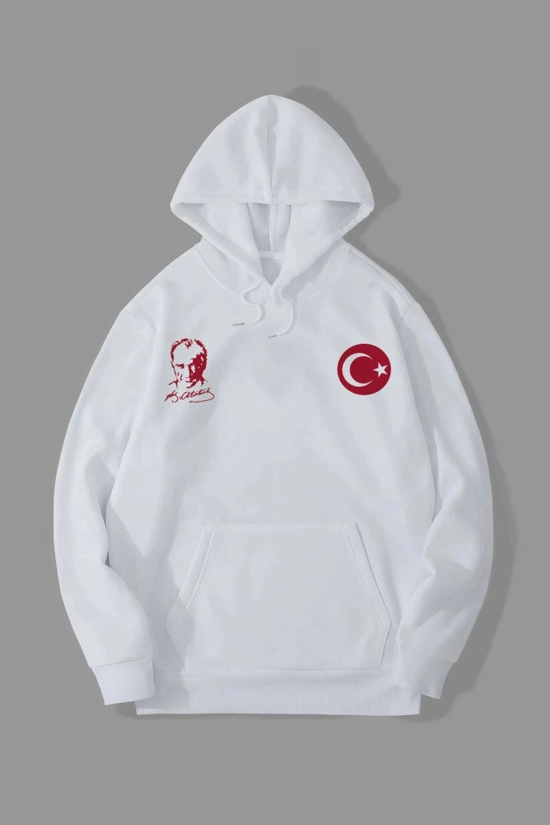 Erkek 10 Kasıma Özel 3 İplik Kapüşonlu Baskılı SweatShirt Hoodie - Beyaz