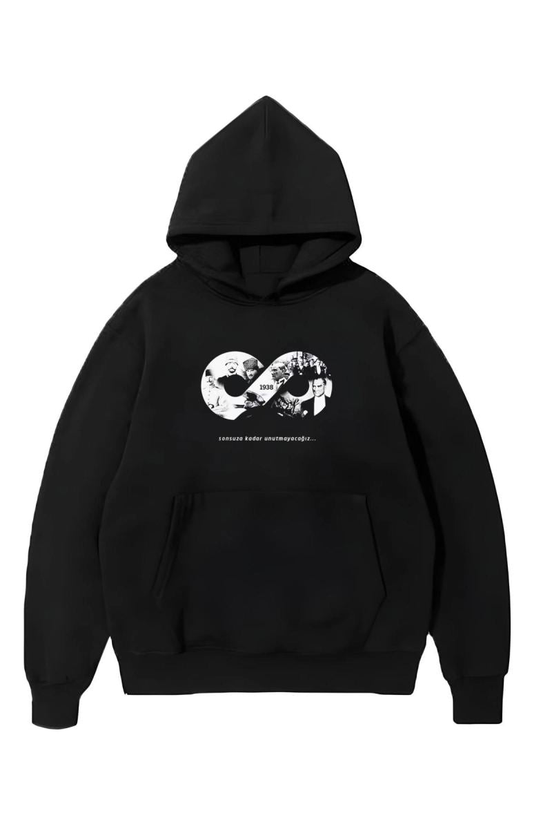 3 iplik Pamuklu Cepli  Kapüşonlu 10 Kasıma Özel SweatShirt Hoodie - Siyah