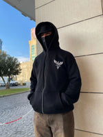 Erkek 3 iplik Samuray kapüşonlu ZIP Fermuarlı SweatShirt Hoodie - Siyah
