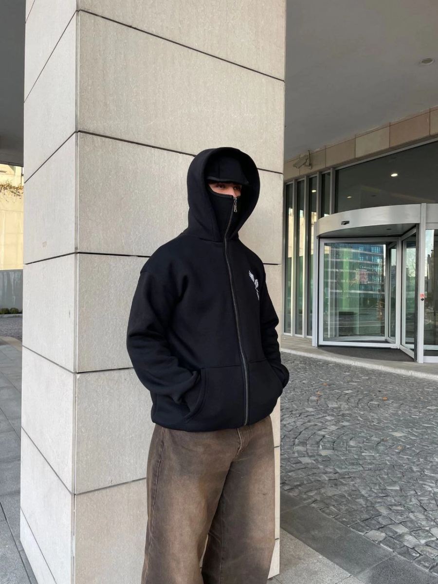 Erkek 3 iplik Samuray kapüşonlu ZIP Fermuarlı SweatShirt Hoodie - Siyah