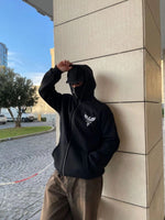 Erkek 3 iplik Samuray kapüşonlu ZIP Fermuarlı SweatShirt Hoodie - Siyah