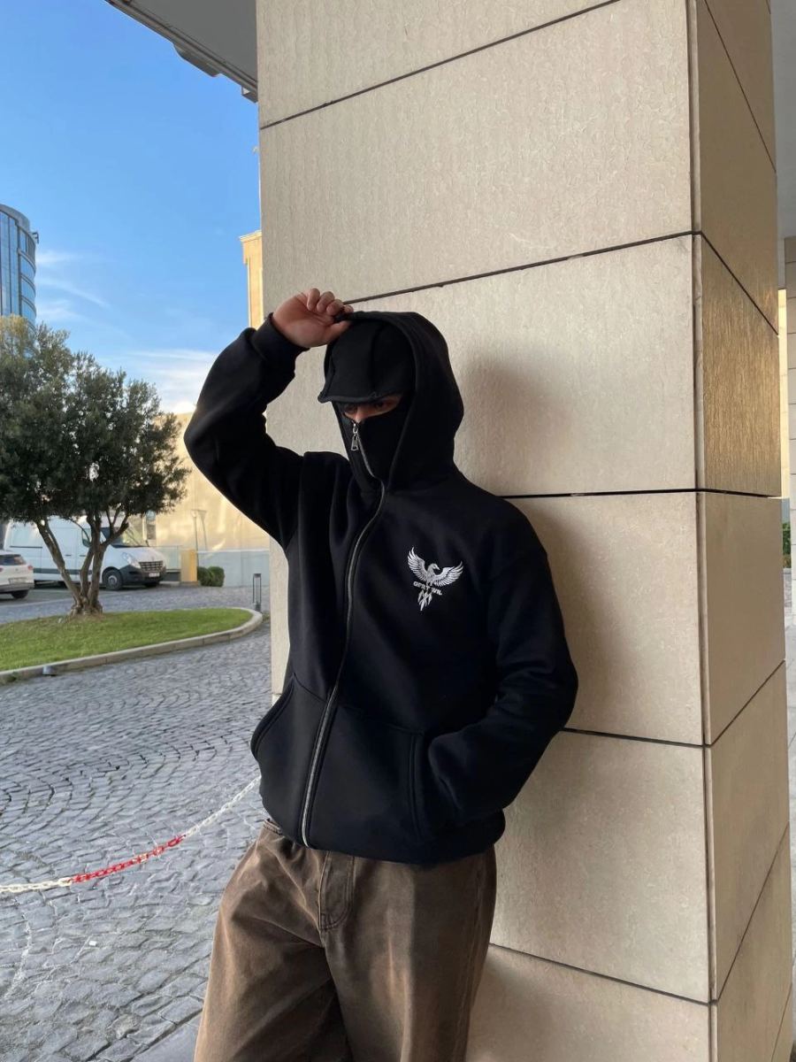 Erkek 3 iplik Samuray kapüşonlu ZIP Fermuarlı SweatShirt Hoodie - Siyah