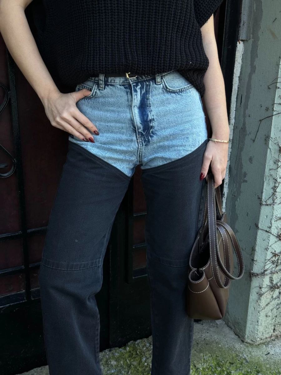 Kadın Jeans Kot Parçalı Palazzo Pantolon - Siyah