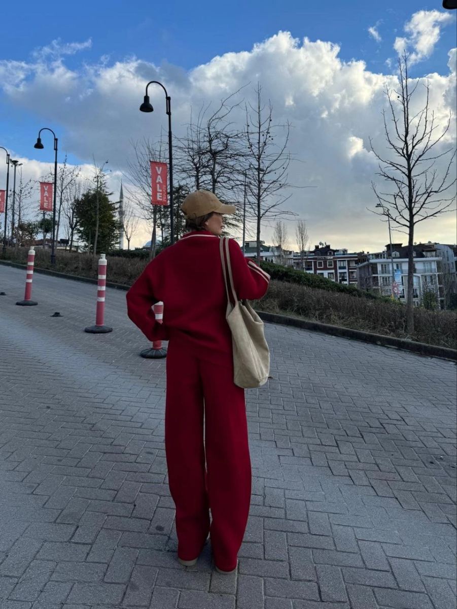 Kadın 3 İplik Pamuklu Yakalı Sweat Baggy Pantolonlu Takım - Bordo