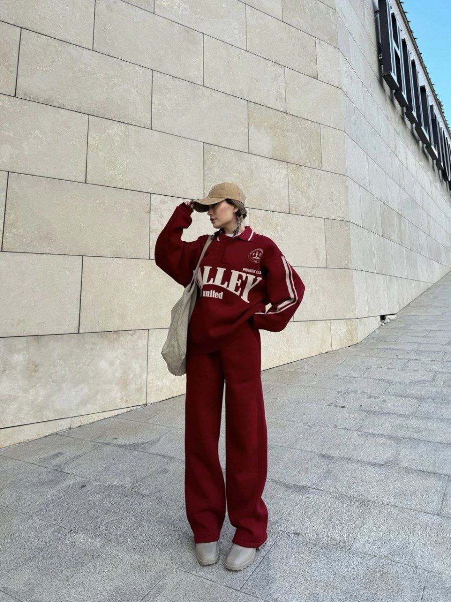 Kadın 3 İplik Pamuklu Yakalı Sweat Baggy Pantolonlu Takım - Bordo