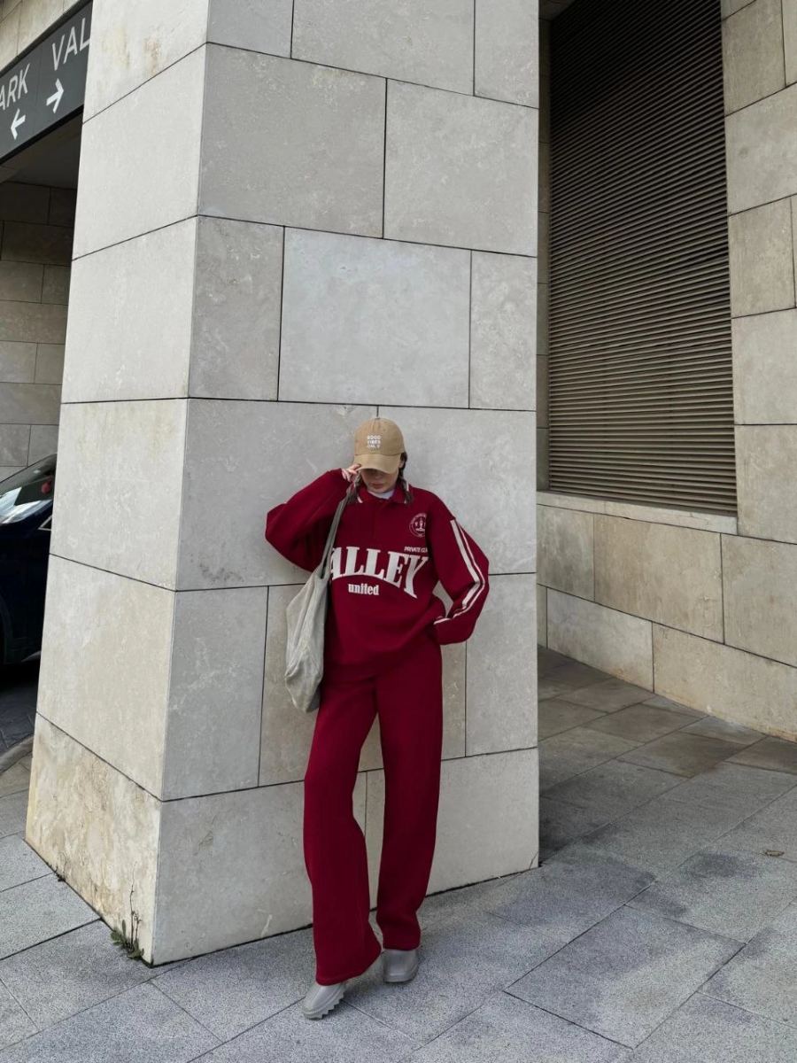 Kadın 3 İplik Pamuklu Yakalı Sweat Baggy Pantolonlu Takım - Bordo