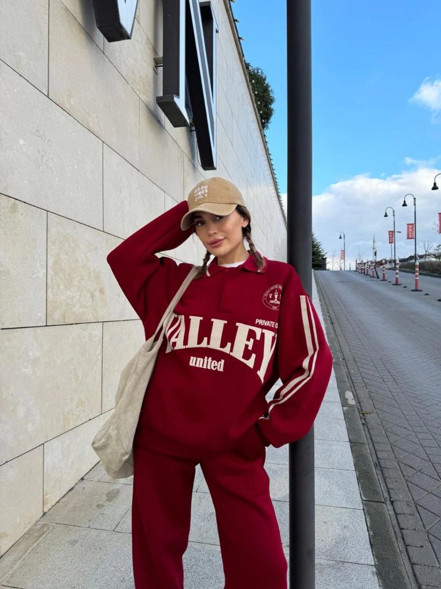 Kadın 3 İplik Pamuklu Yakalı Sweat Baggy Pantolonlu Takım - Bordo