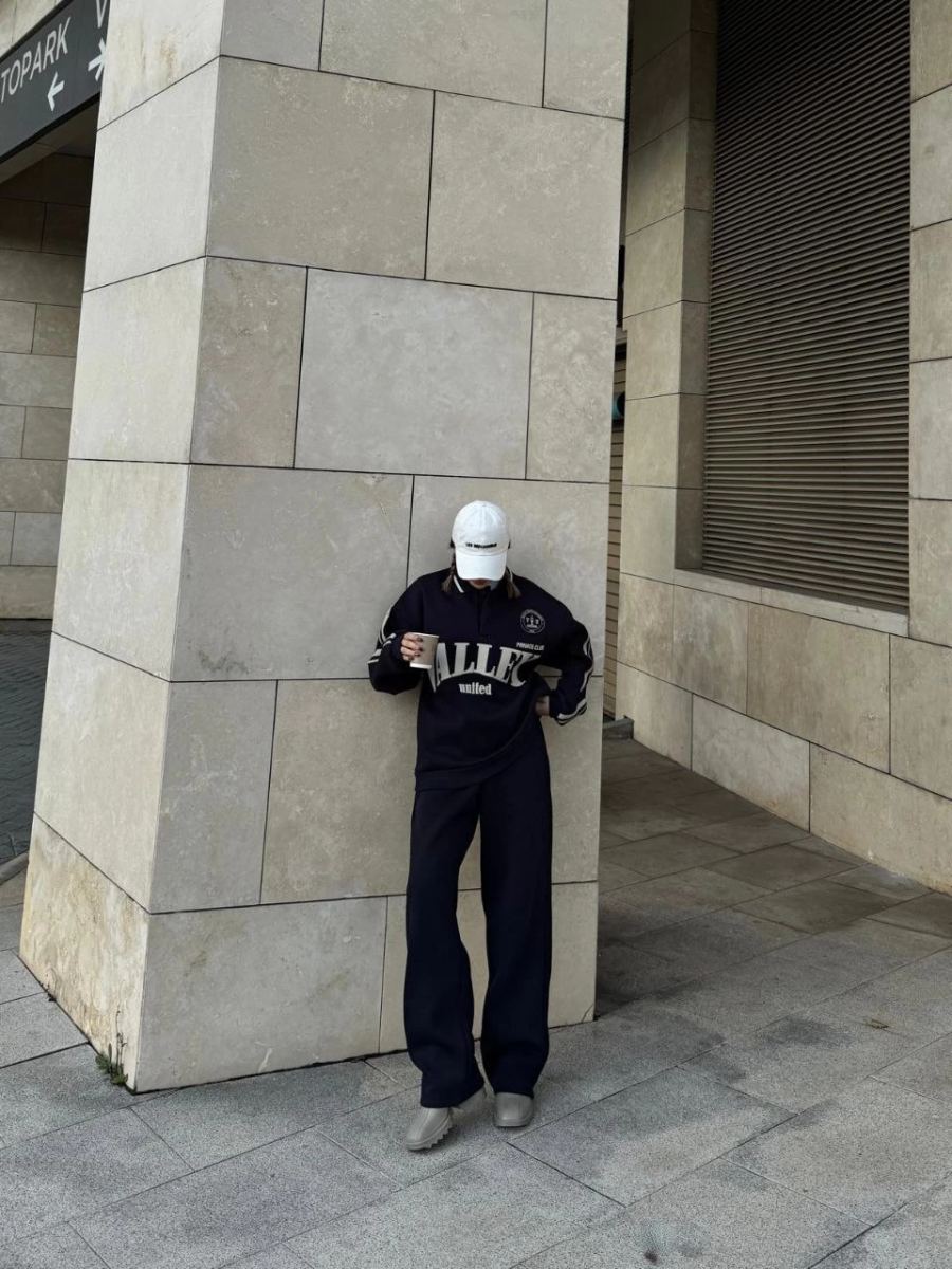 Kadın 3 İplik Pamuklu Yakalı Sweat Baggy Pantolonlu Alt-Üst Takım - Siyah