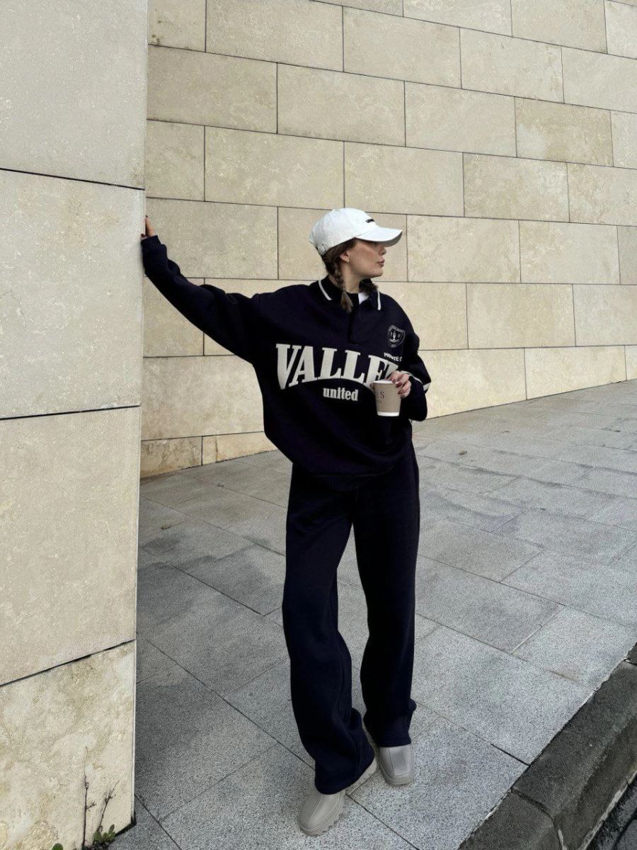 Kadın 3 İplik Pamuklu Yakalı Sweat Baggy Pantolonlu Alt-Üst Takım - Siyah
