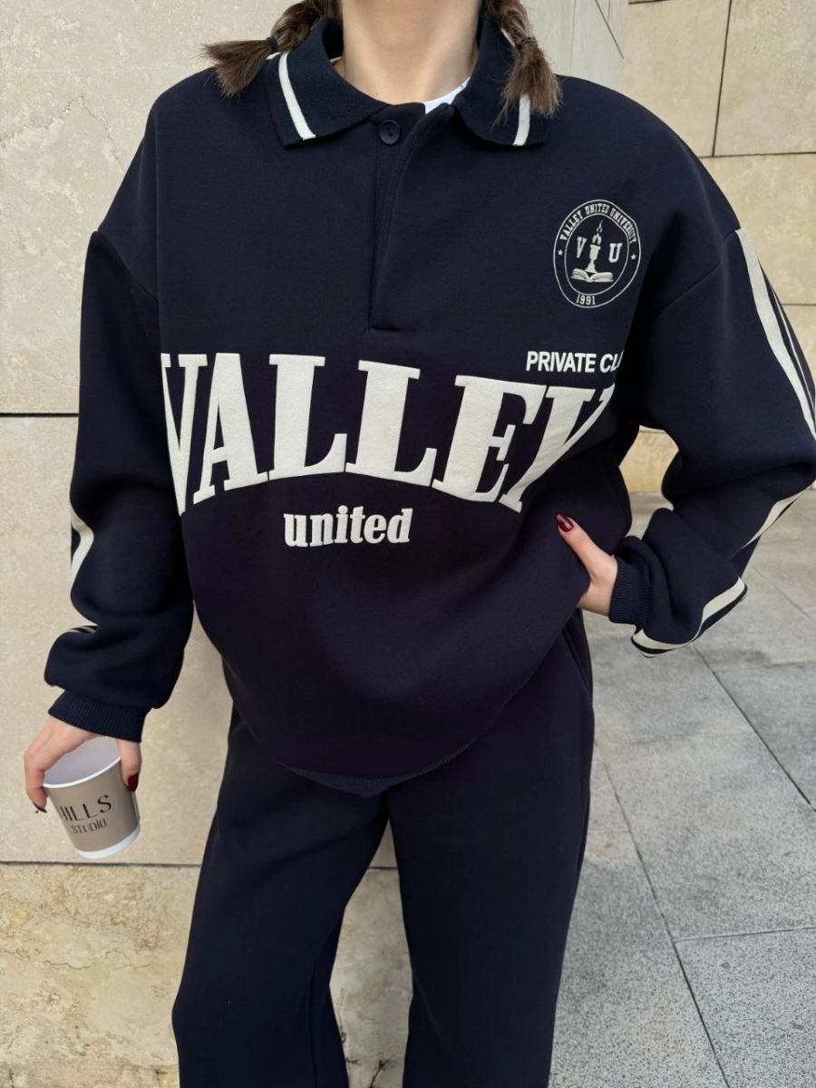Kadın 3 İplik Pamuklu Yakalı Sweat Baggy Pantolonlu Alt-Üst Takım - Siyah