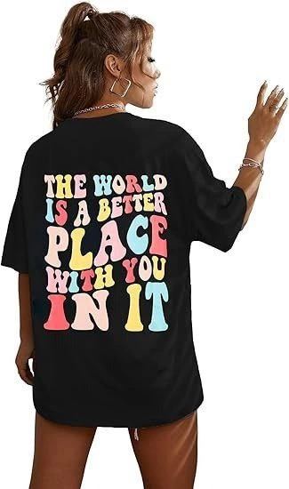 Kadın Baskılı T-Shirt Kısa Kol Bisiklet Yaka Oversize Rahat Kalıp Tişört - Siyah