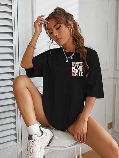 Kadın Baskılı T-Shirt Kısa Kol Bisiklet Yaka Oversize Rahat Kalıp Tişört - Siyah
