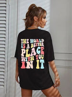 Kadın Baskılı T-Shirt Kısa Kol Bisiklet Yaka Oversize Rahat Kalıp Tişört - Siyah