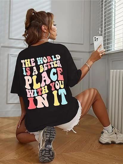 Kadın Baskılı T-Shirt Kısa Kol Bisiklet Yaka Oversize Rahat Kalıp Tişört - Siyah