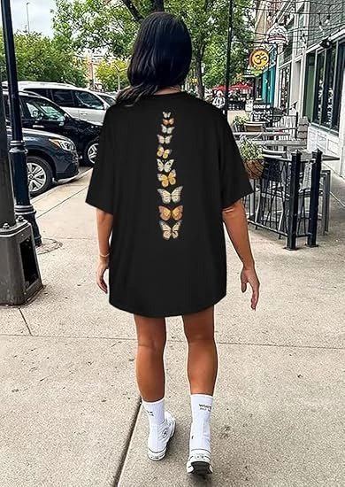 Kadın Baskılı T-Shirt Kısa Kol Bisiklet Yaka Oversize Rahat Kalıp Tişört - Siyah