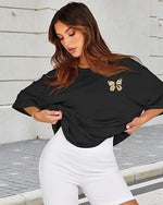 Kadın Baskılı T-Shirt Kısa Kol Bisiklet Yaka Oversize Rahat Kalıp Tişört - Siyah