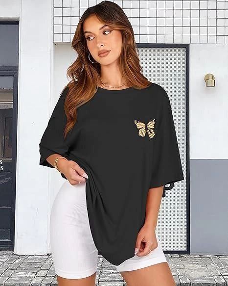 Kadın Baskılı T-Shirt Kısa Kol Bisiklet Yaka Oversize Rahat Kalıp Tişört - Siyah
