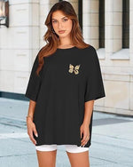 Kadın Baskılı T-Shirt Kısa Kol Bisiklet Yaka Oversize Rahat Kalıp Tişört - Siyah