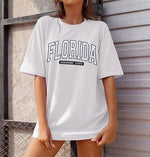 Kadın Kısa Kol Yazlık Tişört Bisiklet Yaka FLORIDA Baskılı T-Shirt - Beyaz