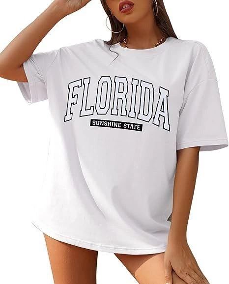 Kadın Kısa Kol Yazlık Tişört Bisiklet Yaka FLORIDA Baskılı T-Shirt - Beyaz