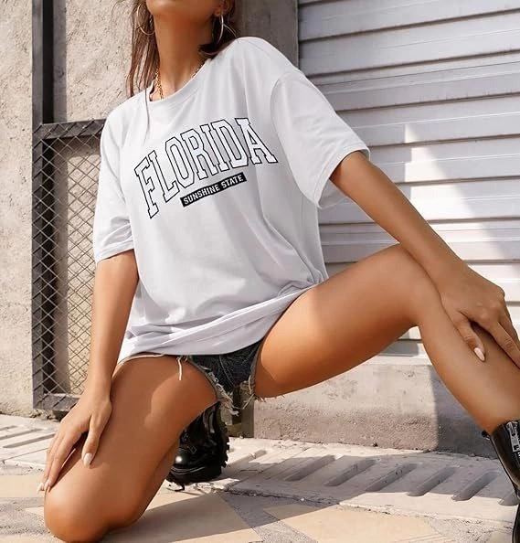 Kadın Kısa Kol Yazlık Tişört Bisiklet Yaka FLORIDA Baskılı T-Shirt - Beyaz