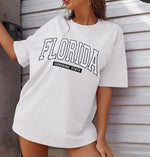 Kadın Kısa Kol Yazlık Tişört Bisiklet Yaka FLORIDA Baskılı T-Shirt - Beyaz