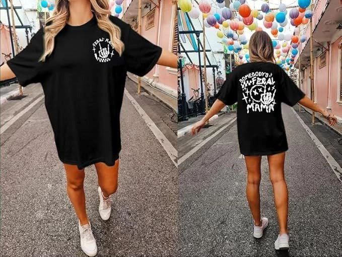 Kadın Baskılı T-Shirt Kısa Kol Bisiklet Yaka Oversize Rahat Kalıp Tişört - Siyah