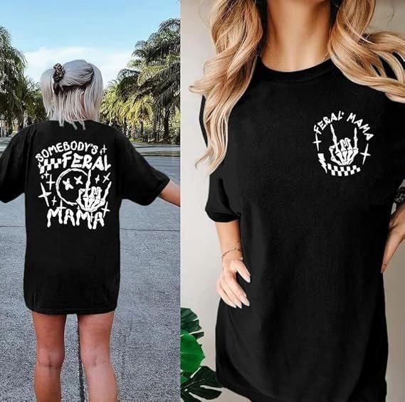 Kadın Baskılı T-Shirt Kısa Kol Bisiklet Yaka Oversize Rahat Kalıp Tişört - Siyah