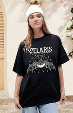 Kadın Baskılı T-Shirt Kısa Kol Bisiklet Yaka Oversize Rahat Kalıp Tişört - Siyah