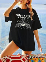Kadın Baskılı T-Shirt Kısa Kol Bisiklet Yaka Oversize Rahat Kalıp Tişört - Siyah
