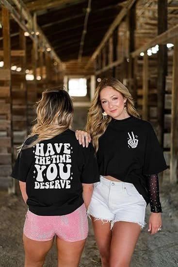 Kadın Baskılı T-Shirt Kısa Kol Bisiklet Yaka Oversize Rahat Kalıp Tişört - Siyah