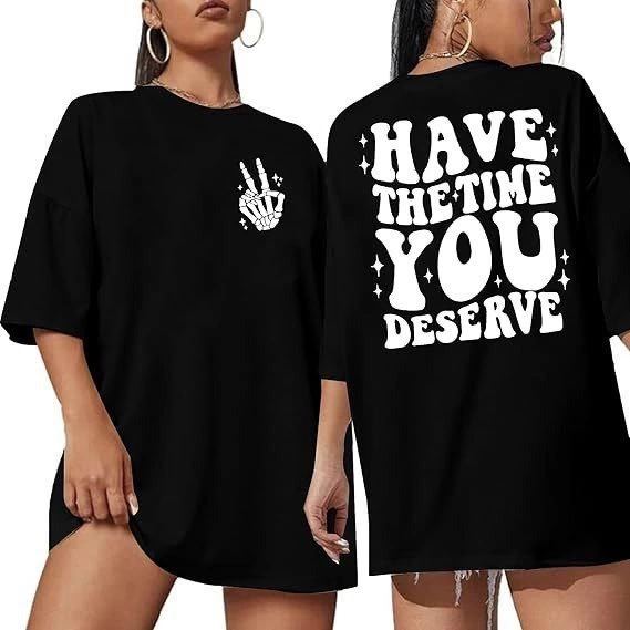 Kadın Baskılı T-Shirt Kısa Kol Bisiklet Yaka Oversize Rahat Kalıp Tişört - Siyah
