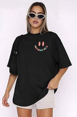 Kadın Baskılı T-Shirt Kısa Kol Bisiklet Yaka Oversize Rahat Kalıp Tişört - Siyah